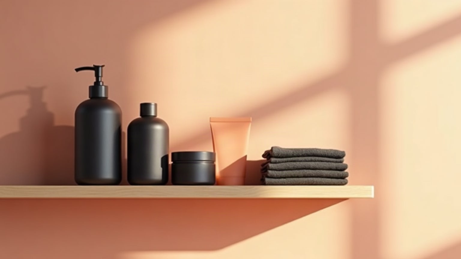 Black and coral bottles on a wooden bathroom shelf in warm evening light